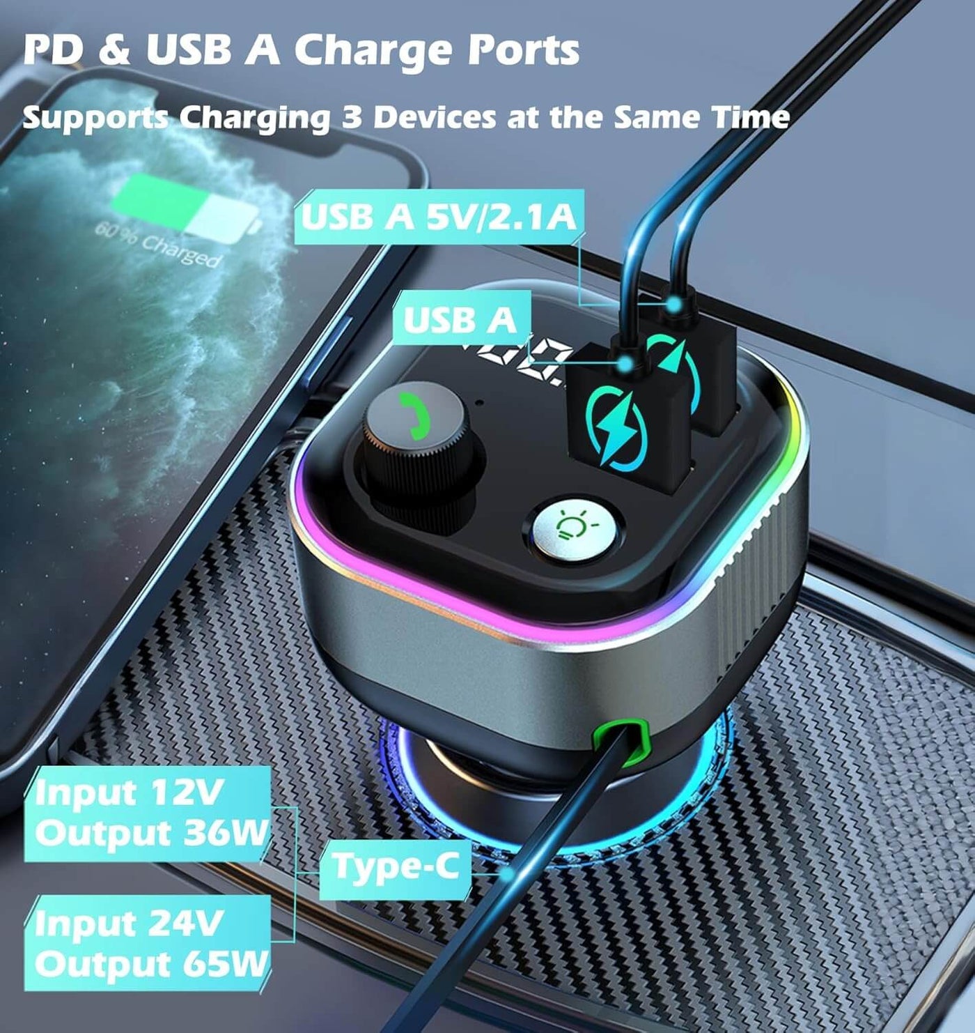 Chargeur de voiture Bluetooth FM CC01 65W max