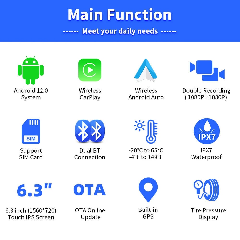 CarPlay Lite C5 Ultra Moto Android 12 Écran GPS avec caméra DVR